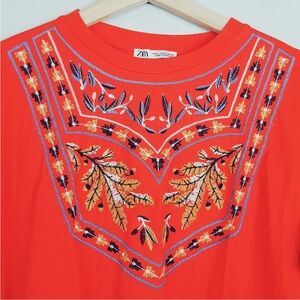 Zara Orange Embellished T-Shirt with Bib Collar